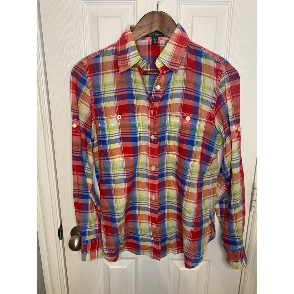 Lauren Jeans Co Ralph Lauren Womens Small Plaid Button Down Shirt Multi Color - Picture 1 of 3